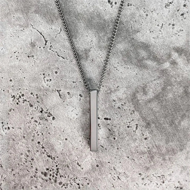Waterproof 3D Vertical Bar Necklaces for Men, Minimalist Stainless Steel Geometric Pendant with Box Chain, Male Collar Jewelry