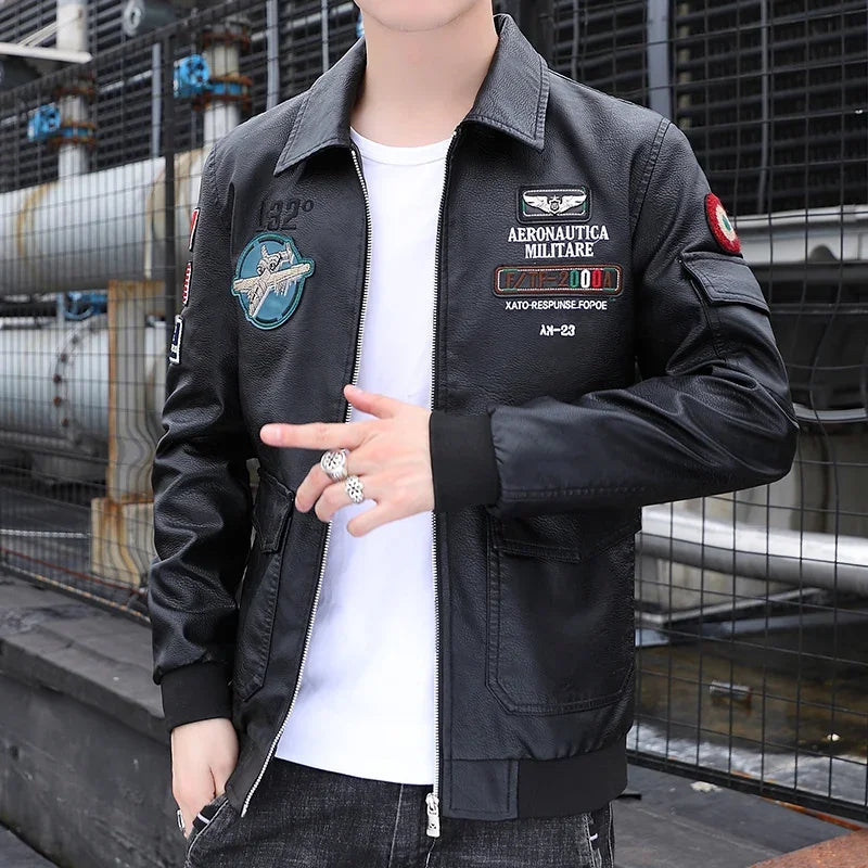 Embroidered Print Handsome Leather Jacket Lapel Fashion
