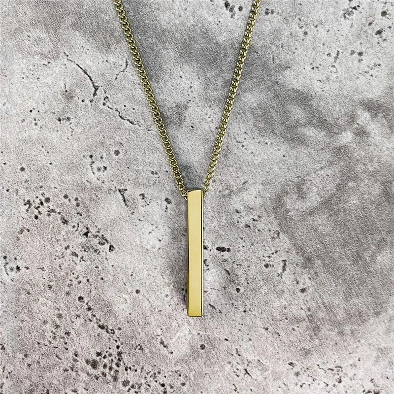 Waterproof 3D Vertical Bar Necklaces for Men, Minimalist Stainless Steel Geometric Pendant with Box Chain, Male Collar Jewelry