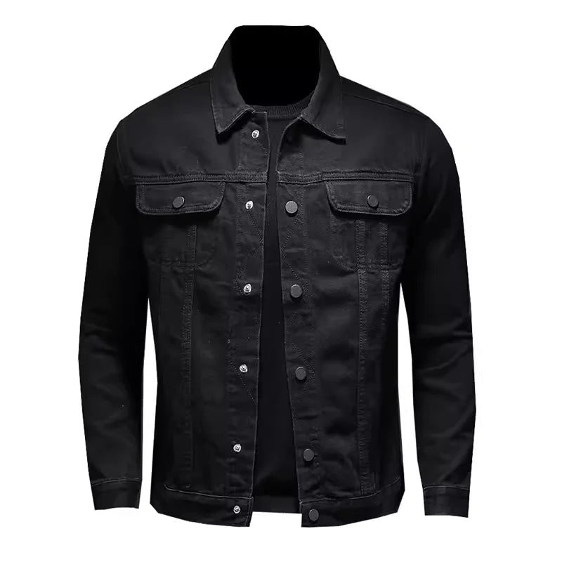 Men's High-Quality Fashion Black Denim Jacket Handsome Trend Button Multi-Pocket Solid Color for Casual Wear
