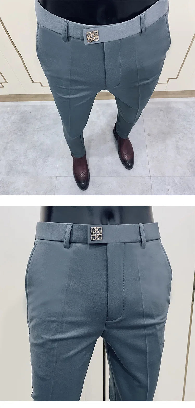 New Style Men's Casual Small Foot Elastic Suit Pants Simple Solid Color