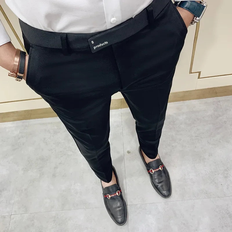 New Style Men's Casual Small Foot Elastic Suit Pants Simple Solid Color