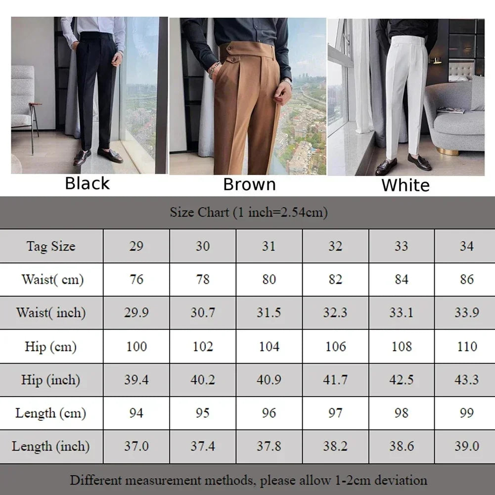 Men's High Waist Trousers Casual Work Suit Pants Belt Waistline Straight Slim Fit Bott