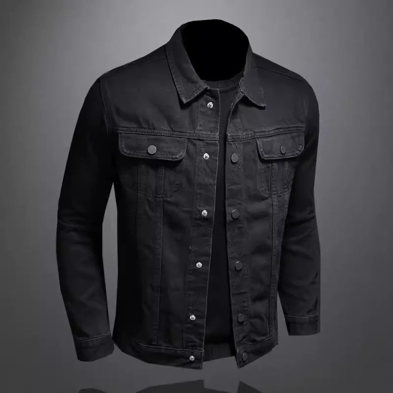 Men's High-Quality Fashion Black Denim Jacket Handsome Trend Button Multi-Pocket Solid Color for Casual Wear