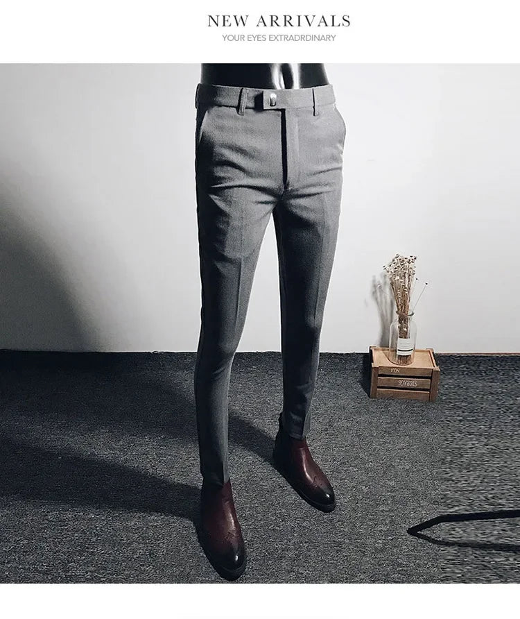 Casual Business Men's Black Stretchy Cropped Pants Trendy Korean Style Slim Fit Men's Suit Pants Summer Wear
