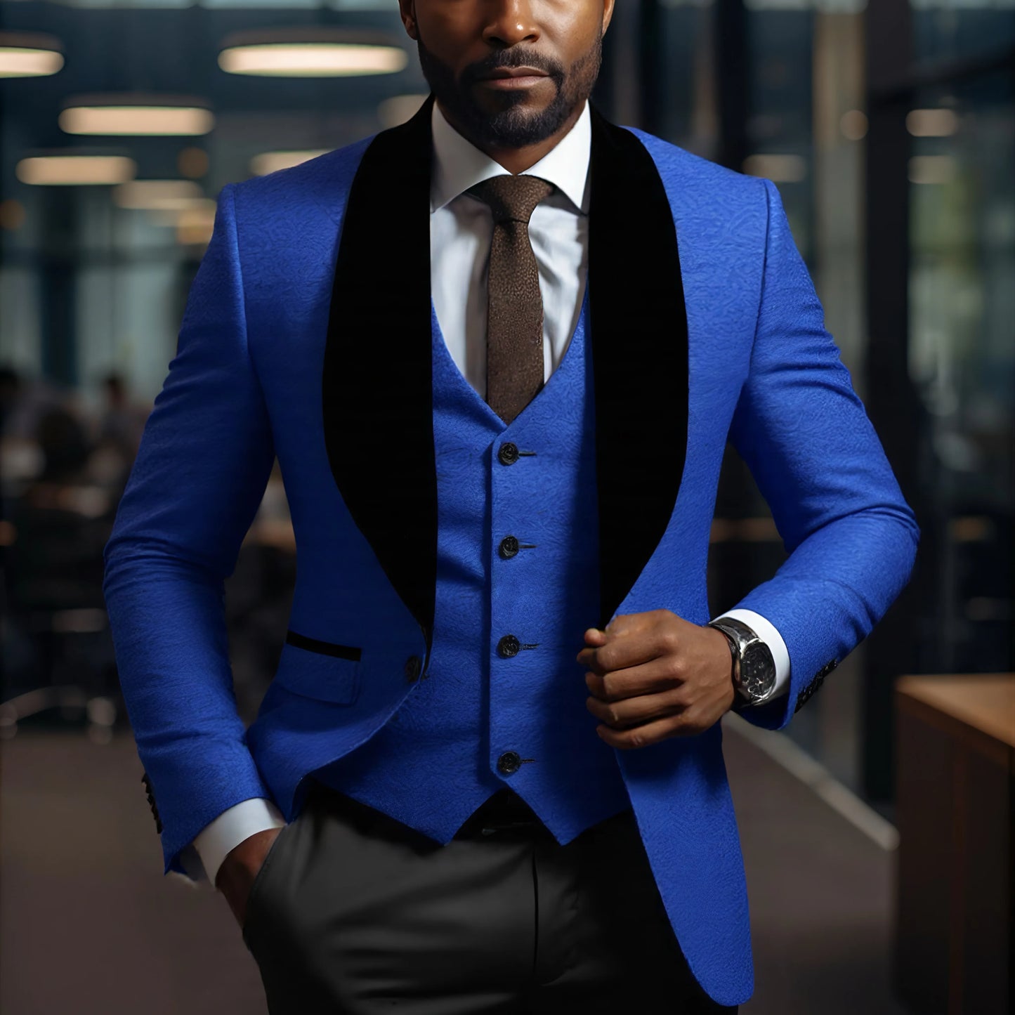 Mens 3 Piece Floral Tuxedo, Jacquard Slim Suit Set, Paisley Blazer Vest And Pants