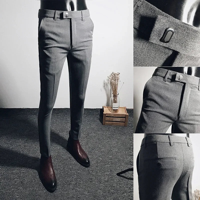 Casual Business Men's Black Stretchy Cropped Pants Trendy Korean Style Slim Fit Men's Suit Pants Summer Wear