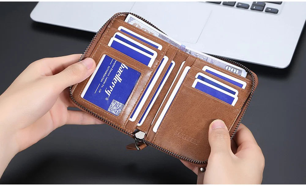 Compact Retro Wallet for Men Distressed PU Leather Zipper Coin Pocket Multi-Card Organizer Gift