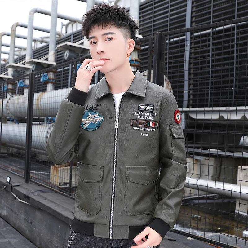 Embroidered Print Handsome Leather Jacket Lapel Fashion