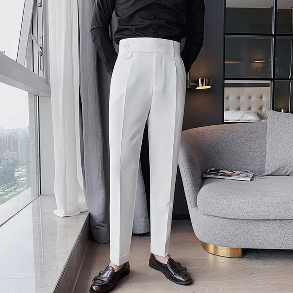 Men's High Waist Trousers Casual Work Suit Pants Belt Waistline Straight Slim Fit Bott
