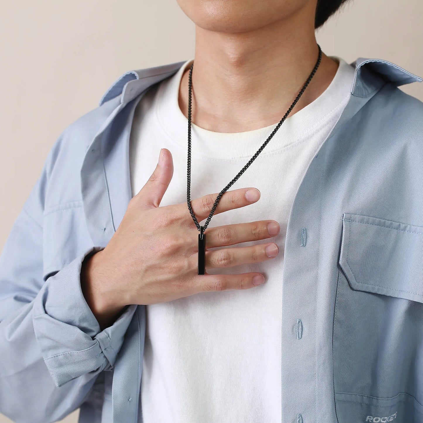 Waterproof 3D Vertical Bar Necklaces for Men, Minimalist Stainless Steel Geometric Pendant with Box Chain, Male Collar Jewelry