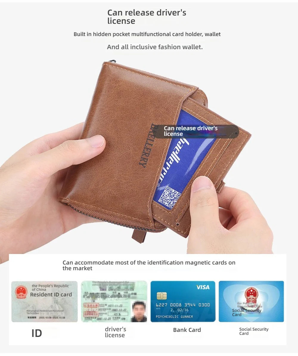 Compact Retro Wallet for Men Distressed PU Leather Zipper Coin Pocket Multi-Card Organizer Gift