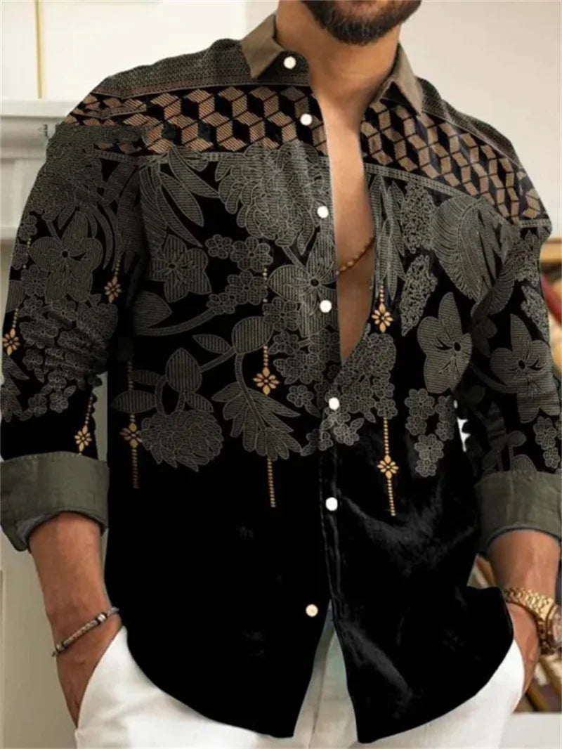 Men's Suit Retro Pattern Lapel Long Sleeved Button Printed Top Fashionable Streetwear Designer Western Style