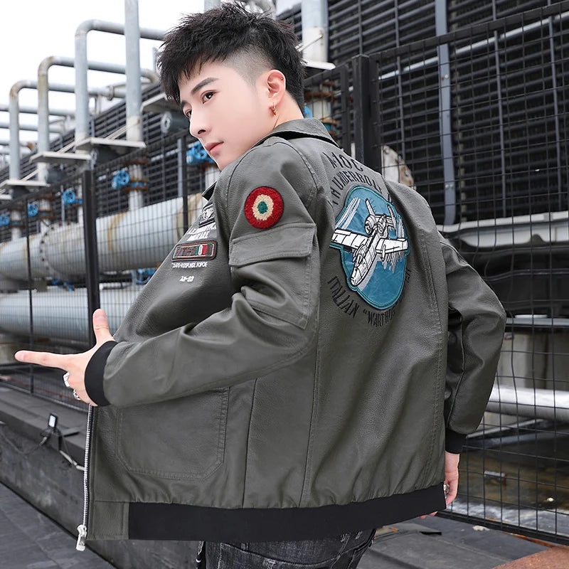 Embroidered Print Handsome Leather Jacket Lapel Fashion