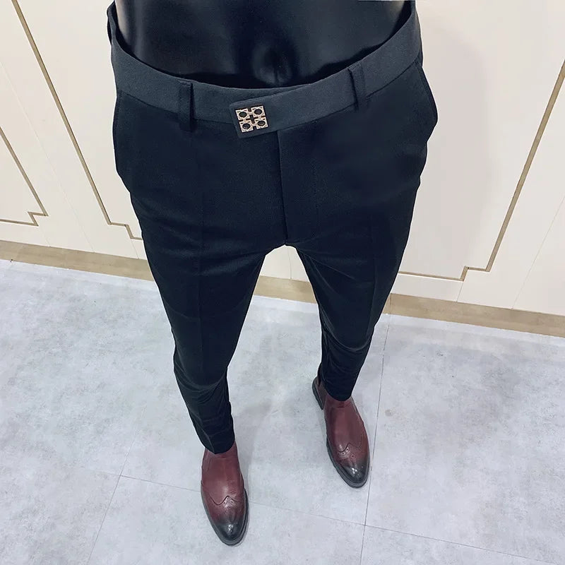 New Style Men's Casual Small Foot Elastic Suit Pants Simple Solid Color
