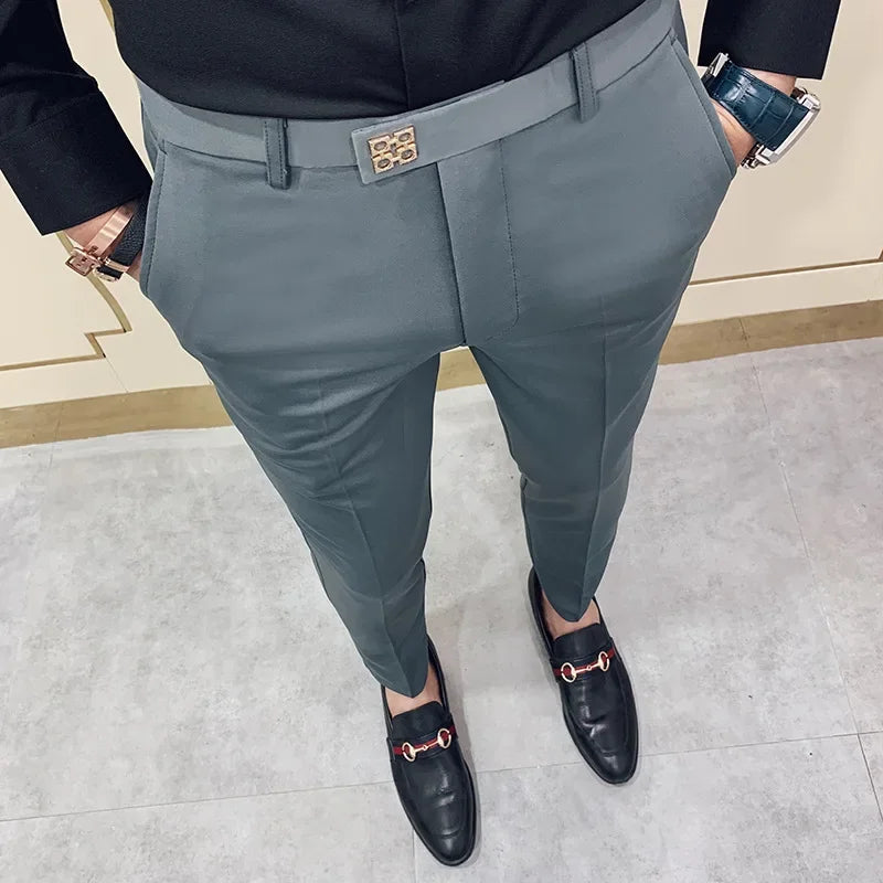 New Style Men's Casual Small Foot Elastic Suit Pants Simple Solid Color