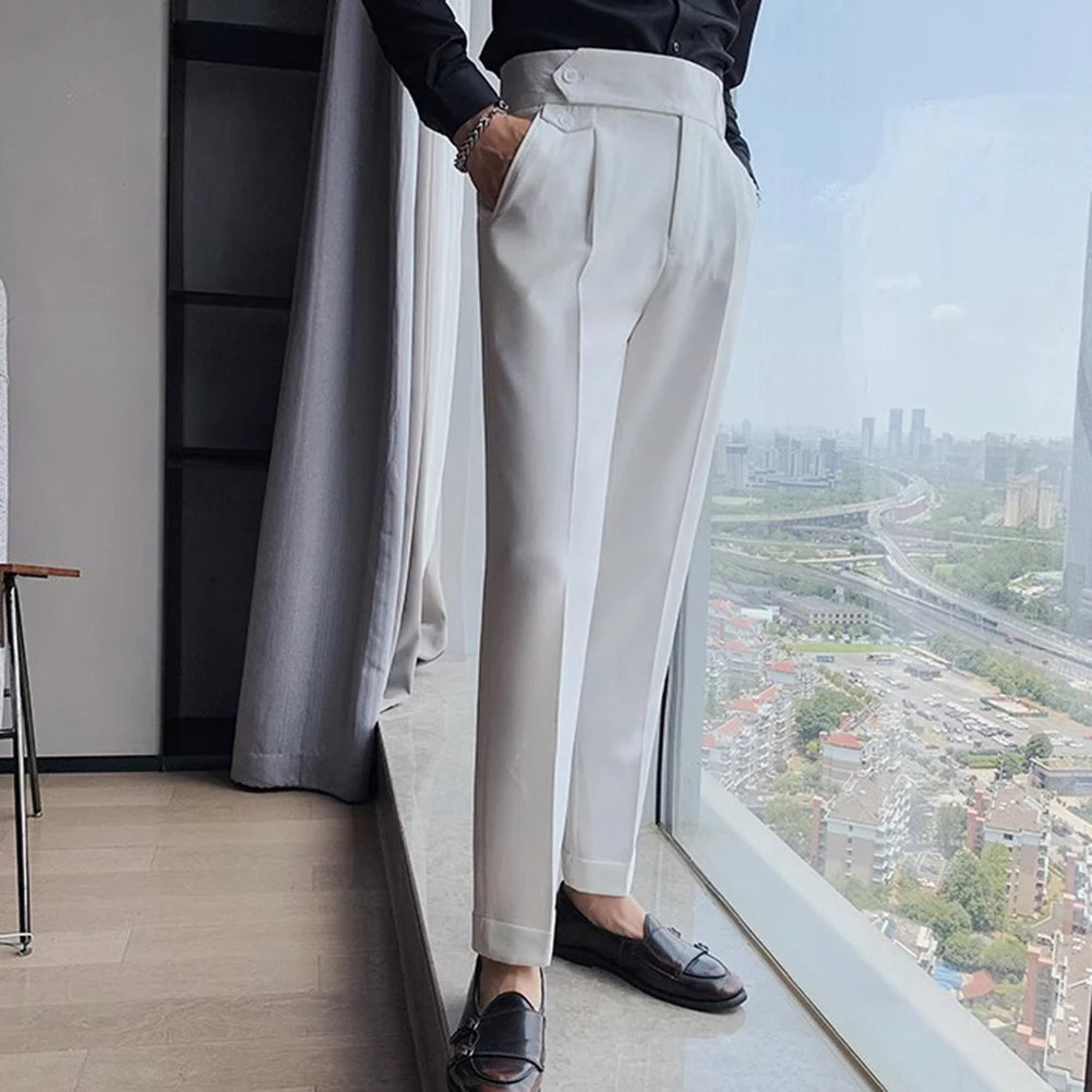 Men's High Waist Trousers Casual Work Suit Pants Belt Waistline Straight Slim Fit Bott