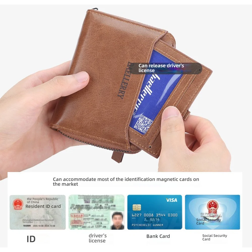Compact Retro Wallet for Men Distressed PU Leather Zipper Coin Pocket Multi-Card Organizer Gift