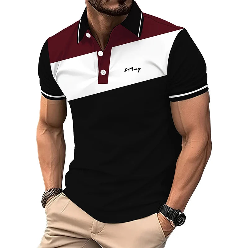 Fashion Business Casual Lapel Polo Shirt Men Short Sleeve Spell Color 3D Digital.
