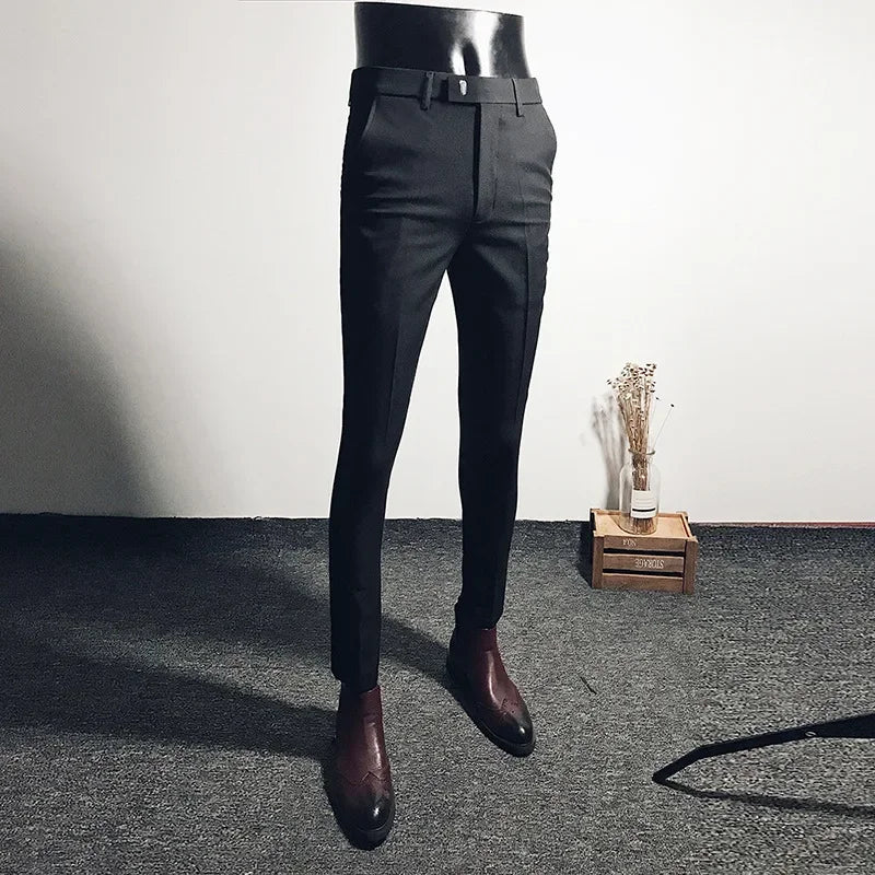 Casual Business Men's Black Stretchy Cropped Pants Trendy Korean Style Slim Fit Men's Suit Pants Summer Wear