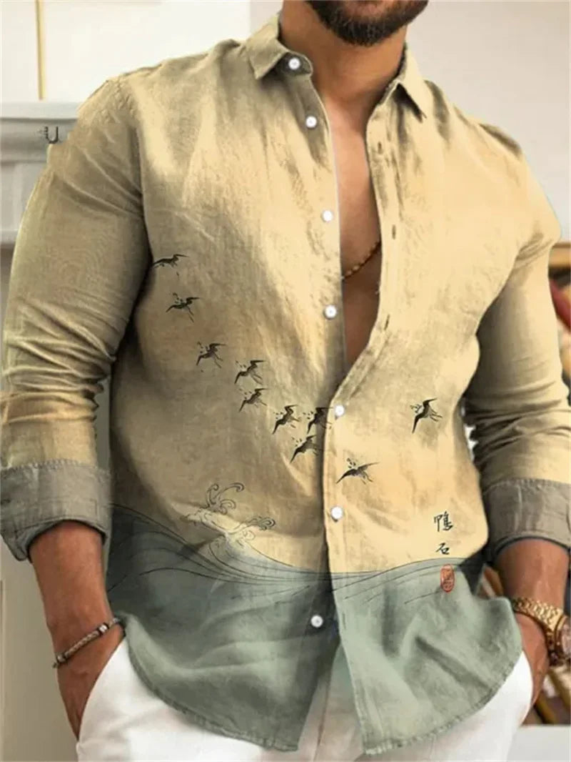 Men's Suit Retro Pattern Lapel Long Sleeved Button Printed Top Fashionable Streetwear Designer Western Style