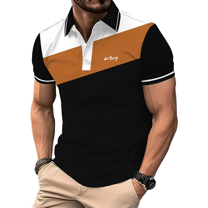 Fashion Business Casual Lapel Polo Shirt Men Short Sleeve Spell Color 3D Digital.