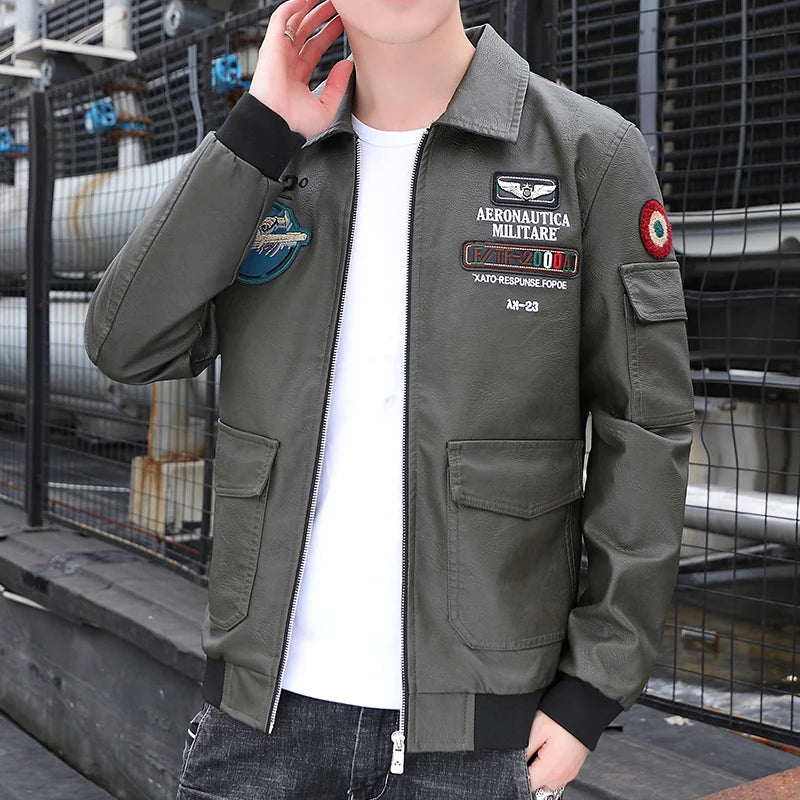 Embroidered Print Handsome Leather Jacket Lapel Fashion