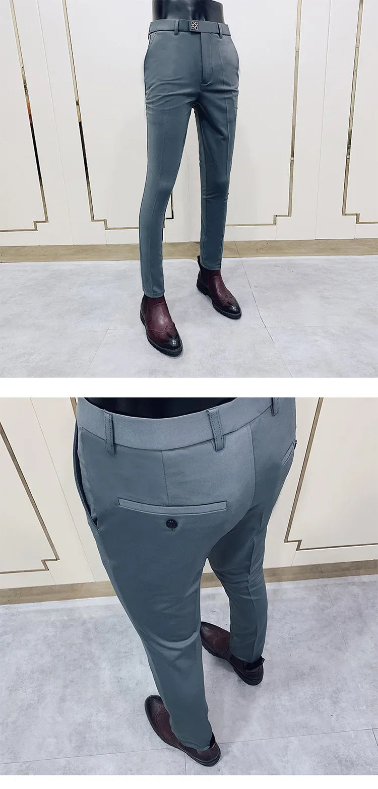 New Style Men's Casual Small Foot Elastic Suit Pants Simple Solid Color