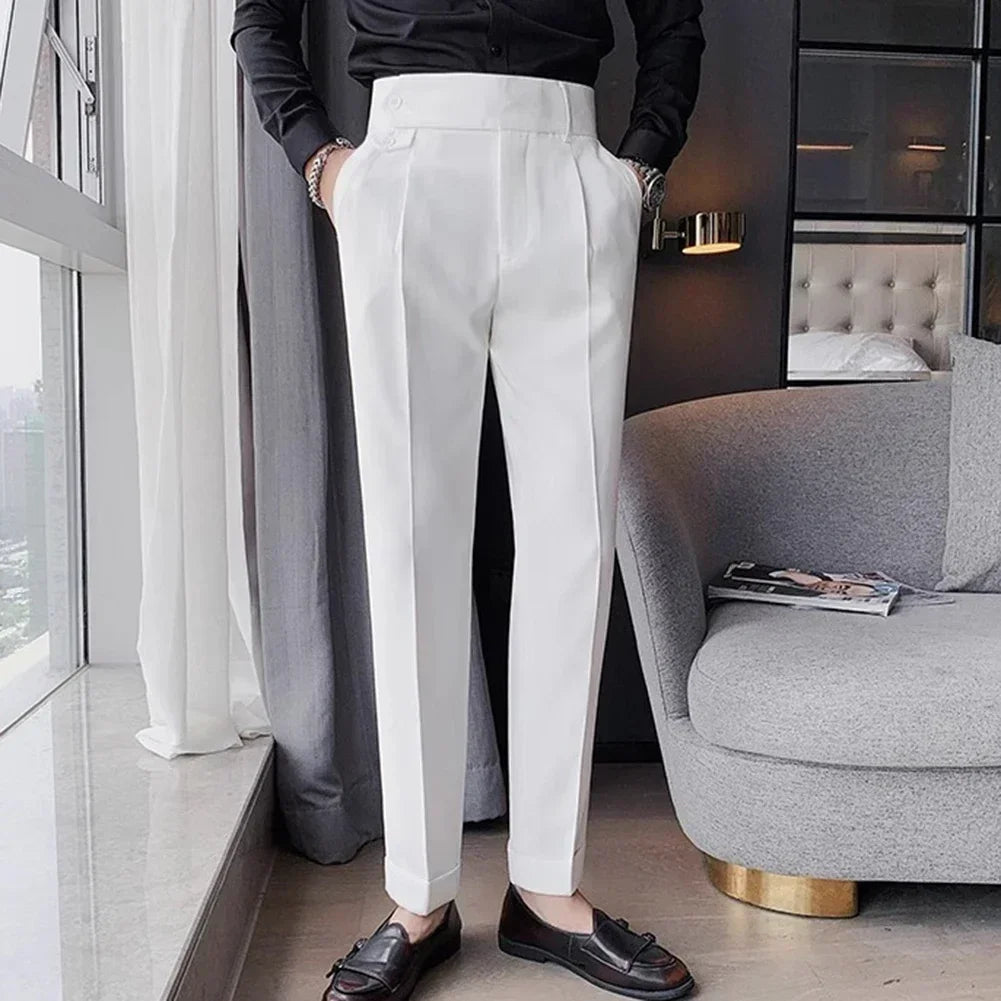Men's High Waist Trousers Casual Work Suit Pants Belt Waistline Straight Slim Fit Bott