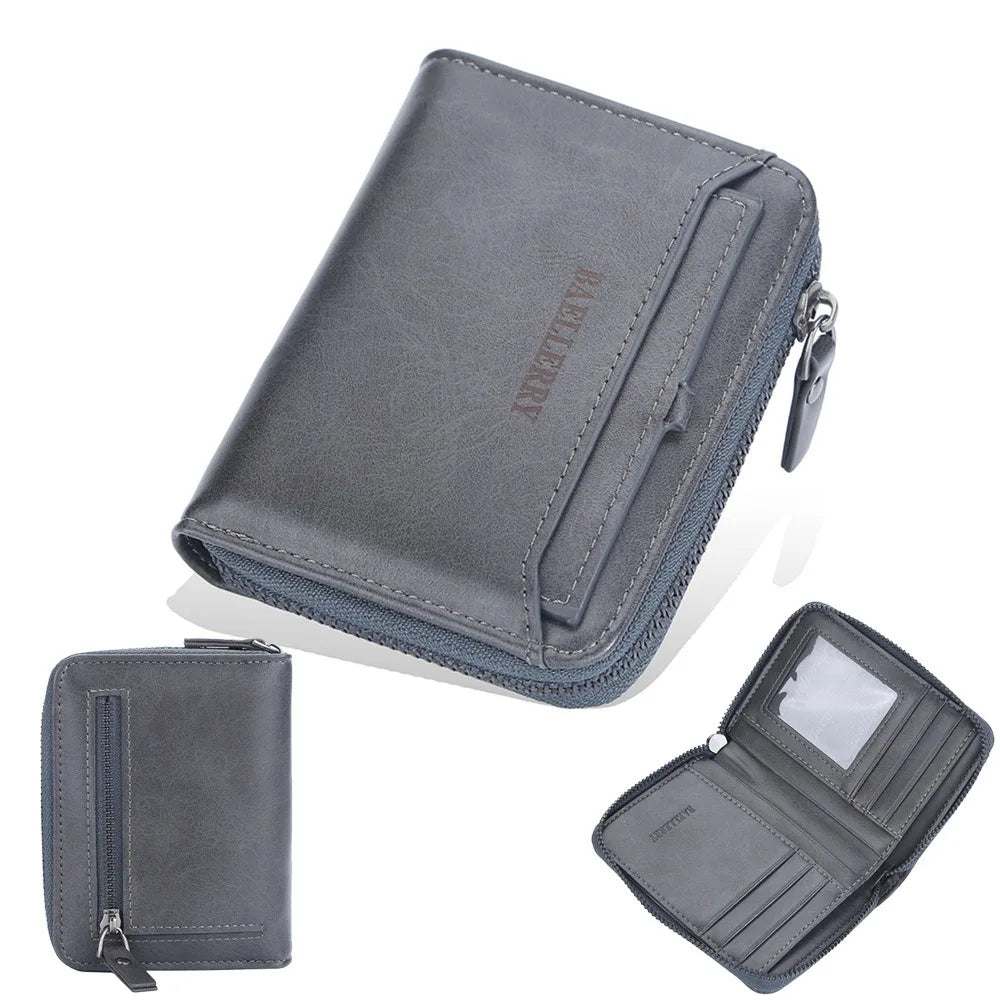 Compact Retro Wallet for Men Distressed PU Leather Zipper Coin Pocket Multi-Card Organizer Gift