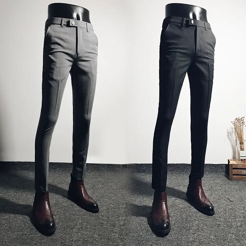 Casual Business Men's Black Stretchy Cropped Pants Trendy Korean Style Slim Fit Men's Suit Pants Summer Wear