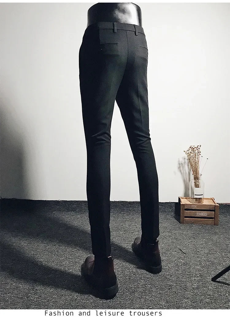 Casual Business Men's Black Stretchy Cropped Pants Trendy Korean Style Slim Fit Men's Suit Pants Summer Wear