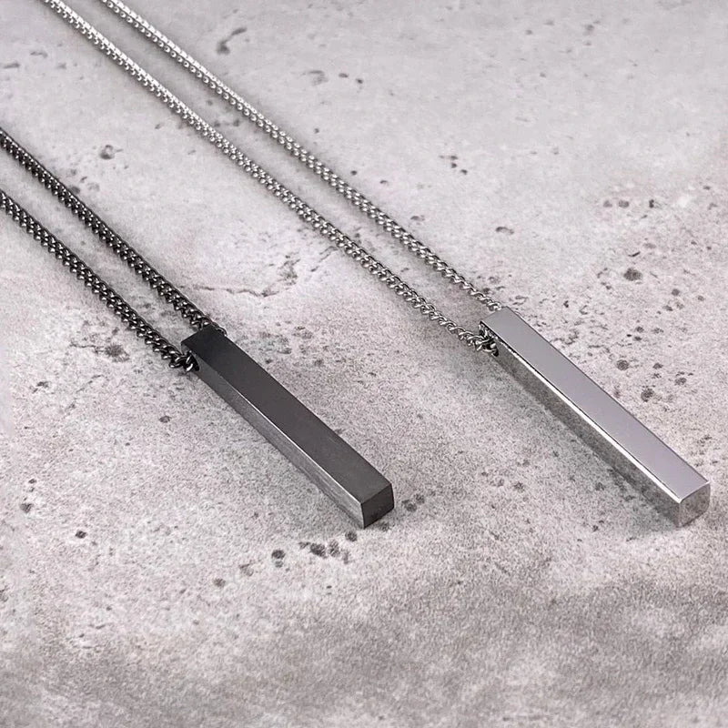 Waterproof 3D Vertical Bar Necklaces for Men, Minimalist Stainless Steel Geometric Pendant with Box Chain, Male Collar Jewelry