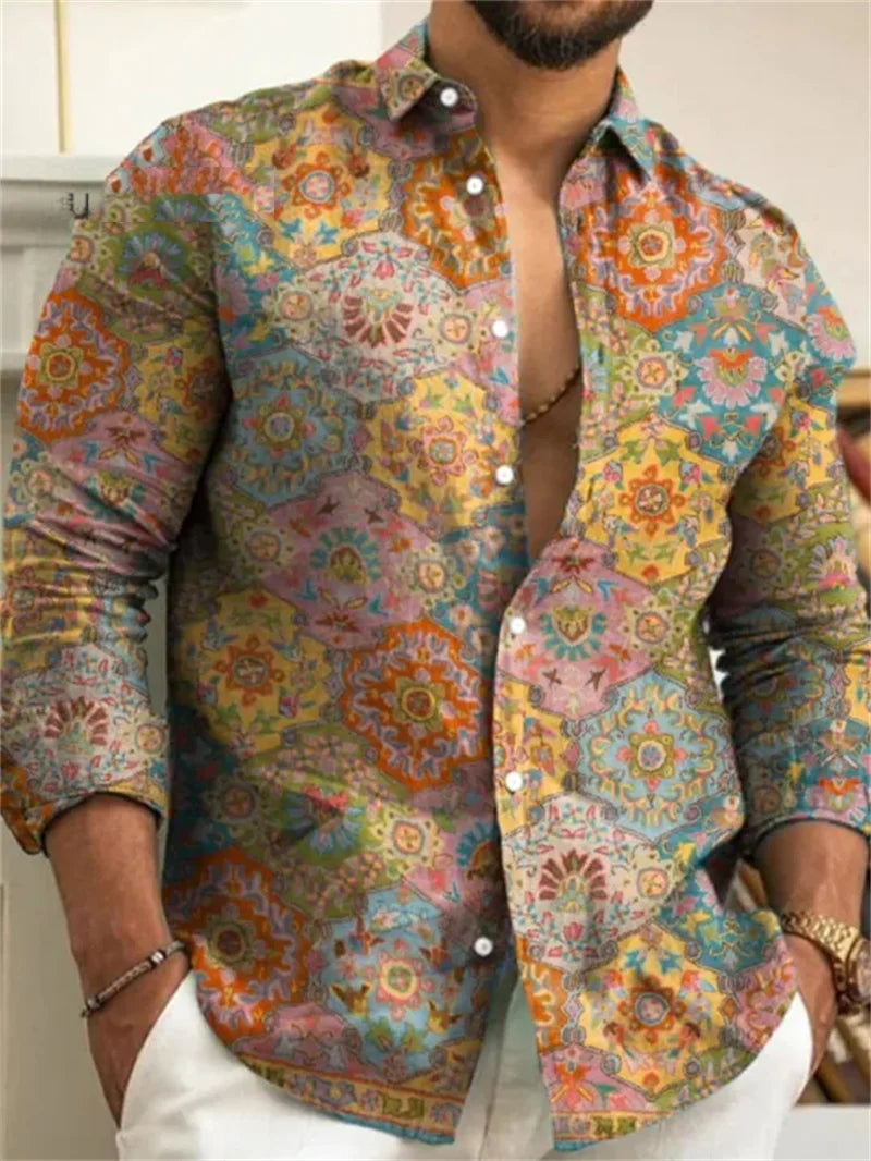 Men's Suit Retro Pattern Lapel Long Sleeved Button Printed Top Fashionable Streetwear Designer Western Style
