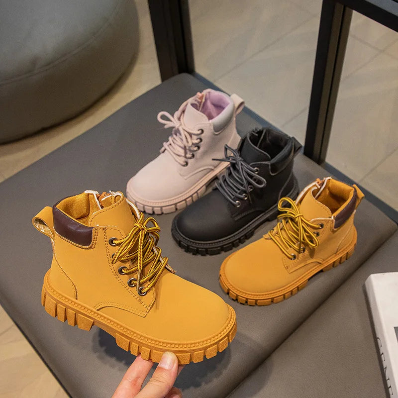 Fashion Boy Short Boots Non-Slip British Style Boots Children's Side Zipper Design Single Boots Leather Boots Anti-skid