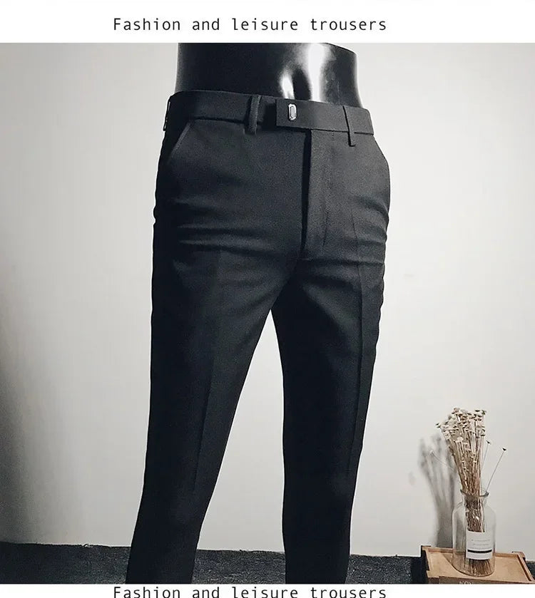 Casual Business Men's Black Stretchy Cropped Pants Trendy Korean Style Slim Fit Men's Suit Pants Summer Wear