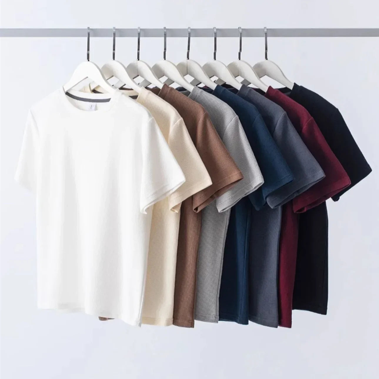 T-Shirt Man Short Sleeved Waffle Solid Fashion Top