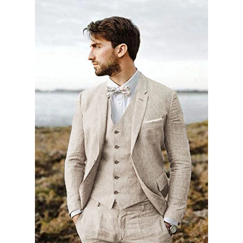 New Design Linen Suit for Men 3 Pieces Formal Wedding Prom Set Slim Fit Jacket Groom Best Man Tuxedo Costume Homme Suit