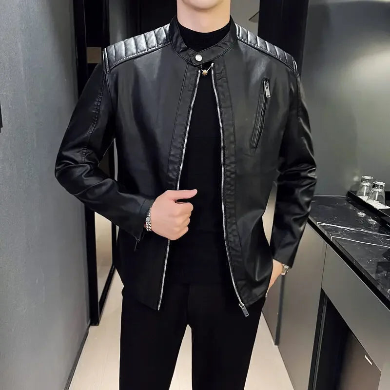 Jacket Casual Stand Collar Solid Color White Black Leather Jacket Zip Up PU Coat