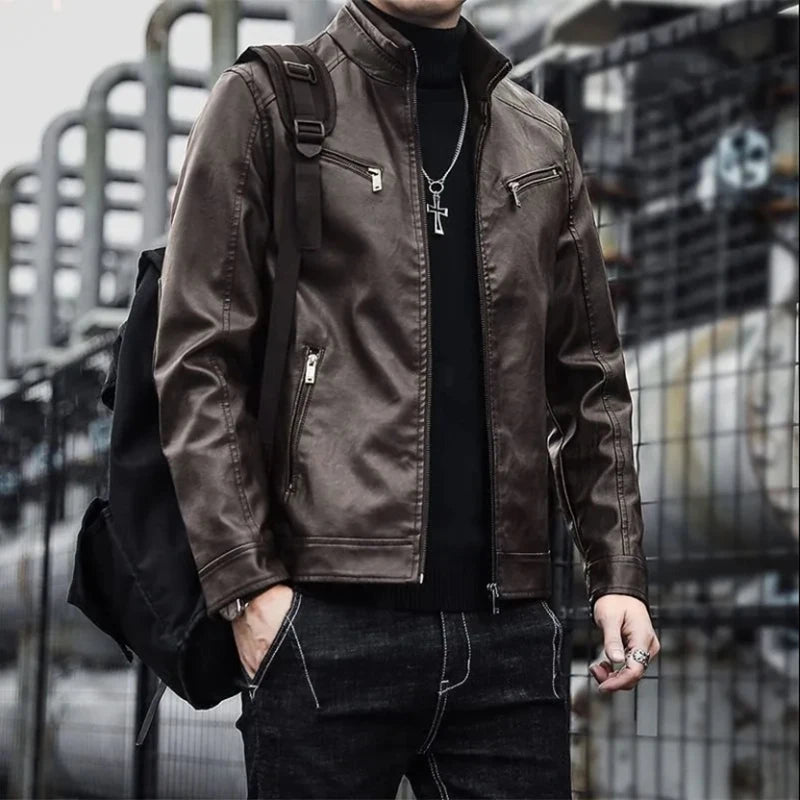 Men Leather Jacket Men Slim Fit Short