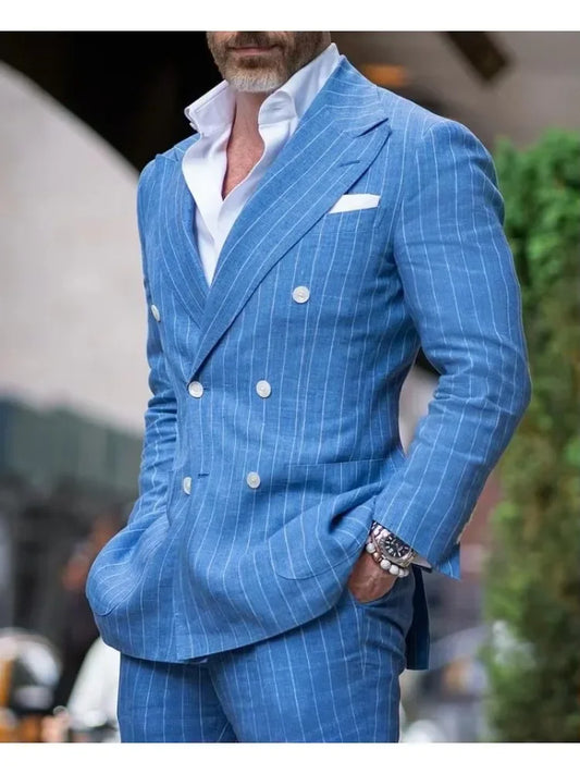 Men's Blue Striped Double Breasted Suit Jacket Formal Business Wedding Party Evening Attire Slim Fit Blazer Elegante Tuxedo