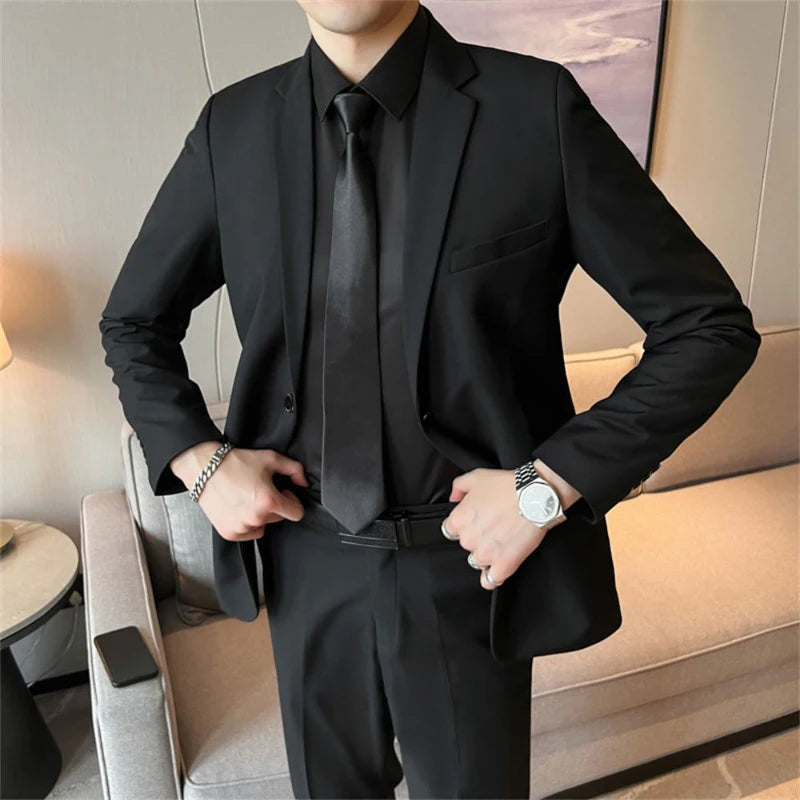 Suits for Men Korean Fashion Long Sleeve Slim Fit Wedding Business Blazer Black