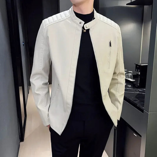 Jacket Casual Stand Collar Solid Color White Black Leather Jacket Zip Up PU Coat