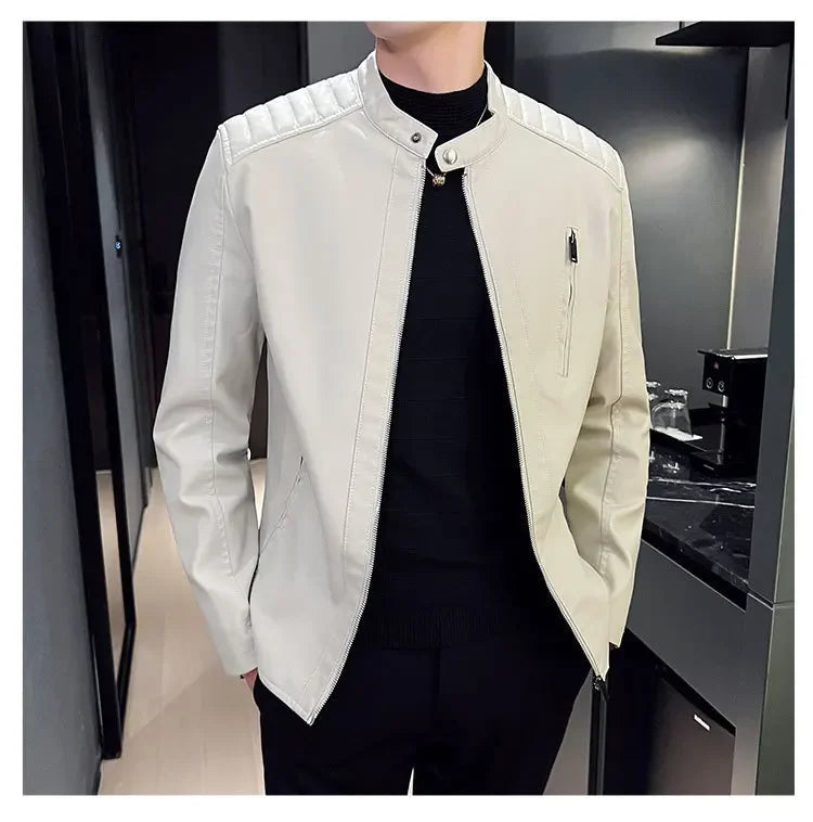 Jacket Casual Stand Collar Solid Color White Black Leather Jacket Zip Up PU Coat