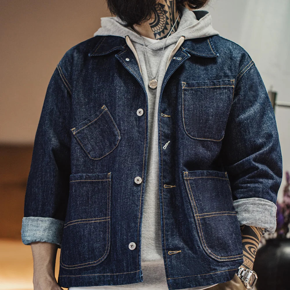 Maden Retro Four-pocket 14oz Jacket Lapel Single-breasted Denim Jacket Navy Blue Cotton Work Coat for Men's Autumn Solid Tops