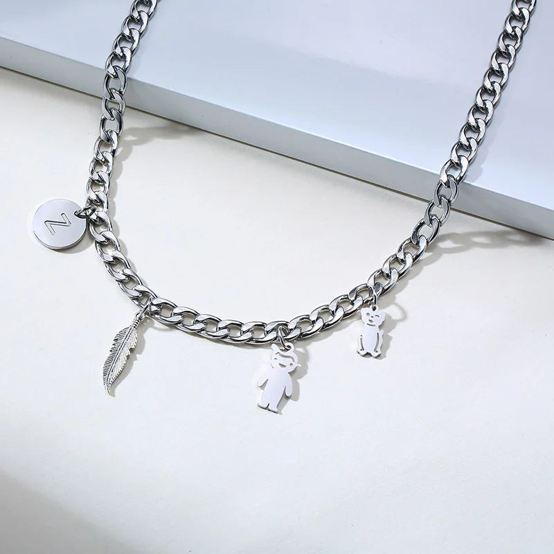 CHAIN CHOKERS WITH DRIPPING FEATHER CHARMS STAINLESS STEEL FOR MENS WOMENS POPULAR STACKS NECKLACE