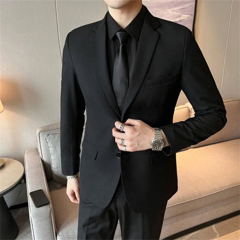 Suits for Men Korean Fashion Long Sleeve Slim Fit Wedding Business Blazer Black
