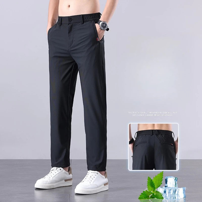 New Men's Ice Silk Pant Casual Fashion Straight Suit Trousers
