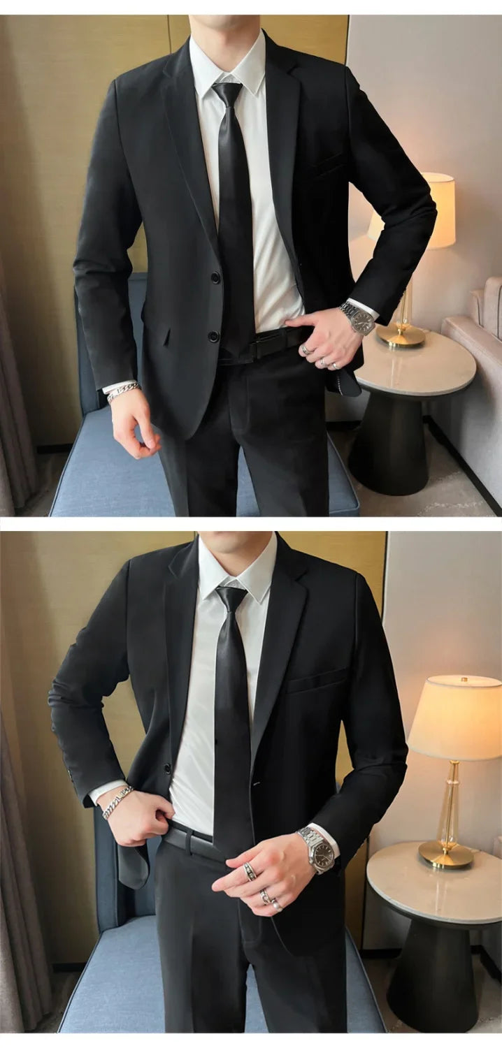 Suits for Men Korean Fashion Long Sleeve Slim Fit Wedding Business Blazer Black