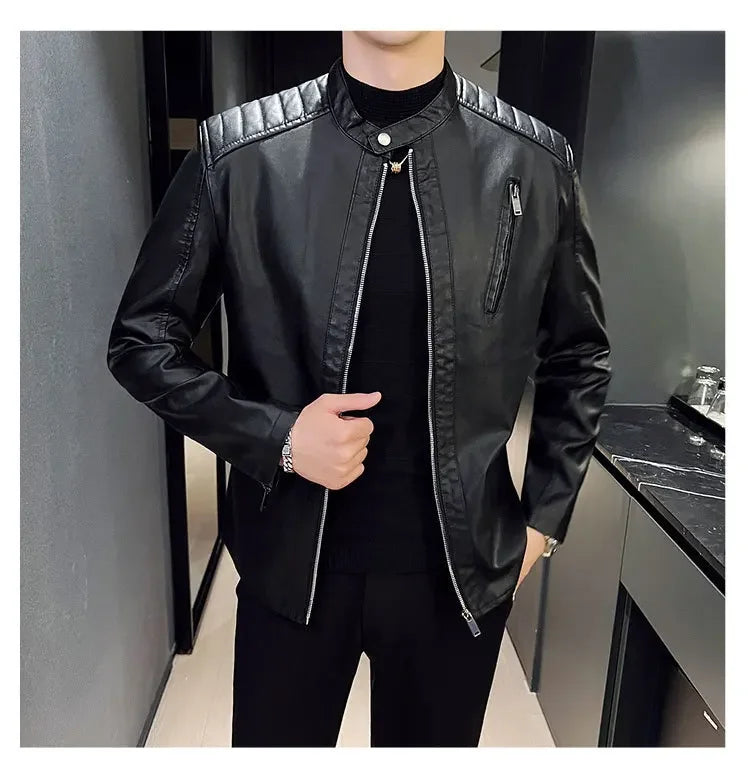 Jacket Casual Stand Collar Solid Color White Black Leather Jacket Zip Up PU Coat